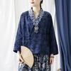 Johnature Women Vintage Jacquard Shirts V-Neck Long Sleeve Navy Blue Autumn Blouses Chinese Style Women Button Shirts