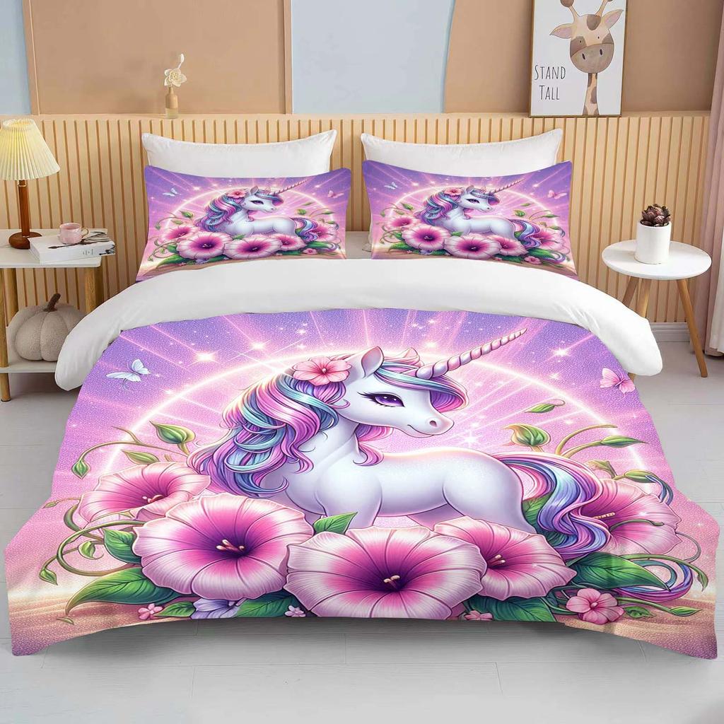 Cute Cartoon Unicorn Print Bedding Set Duvet Cover 1 Duvet Cover 2 Pillowcases Adult and Children Bedding Set Luxury Grils Gift