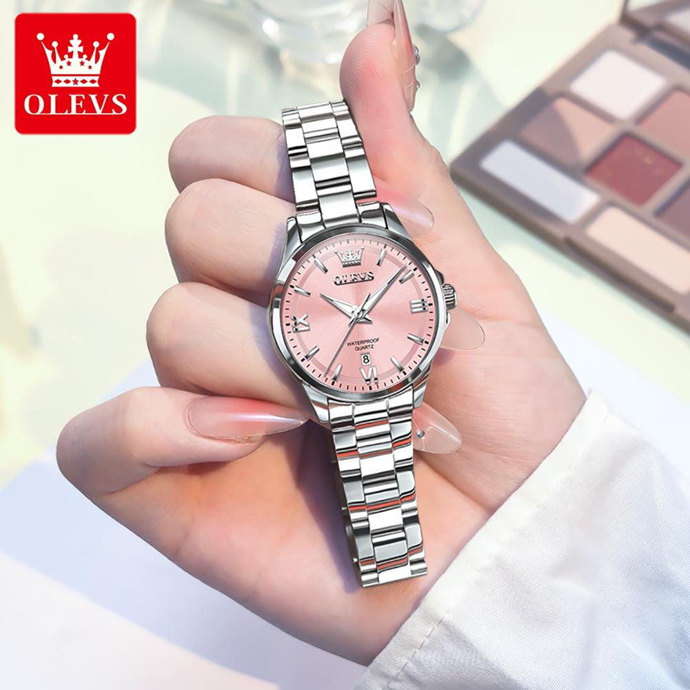 OLEVS Original Womens Quartz Watch Solid Stainless Steel Waterproof Calendar Ladies Watch Fashion Simple Elegant Wristwatch