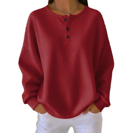 Женские топы с круглым вырезом, декорированные пуговицами, с длинным рукавом, пуловеры, однотонная текстурированная блузка вафельного переплетения для повседневной носки
