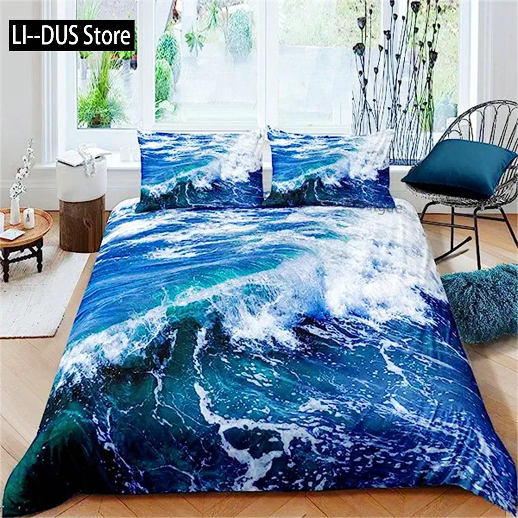 Blue Ocean Duvet Cover Waves Bedding Set Hawaiian Tripocal Sea Wave Sea Beach Bedding Comforter Cover Microfiber For Women Men