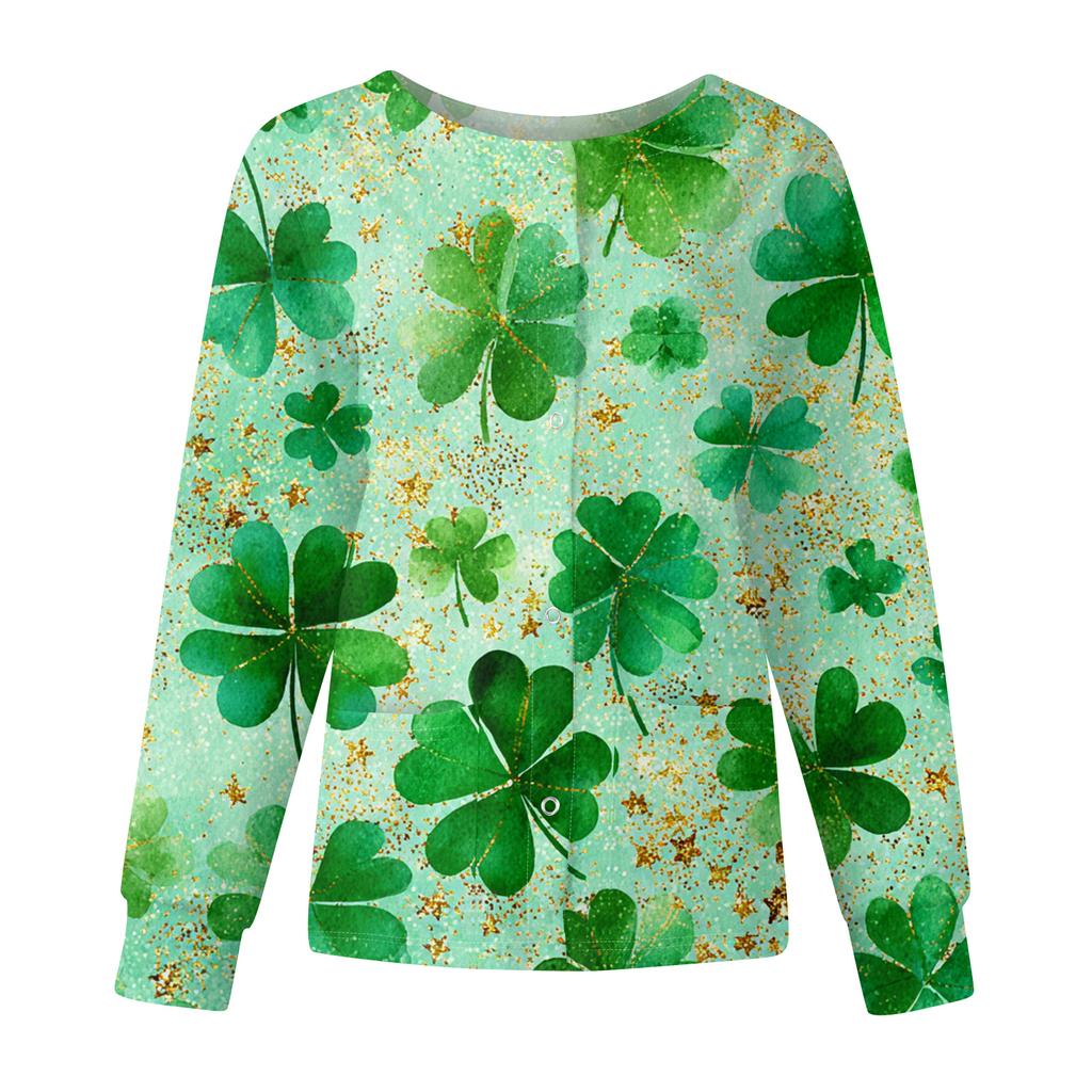 Женская повседневная модная блузка с длинным рукавом, воротником-стойкой и однобортной застежкой. Куртки-топы рабочей одежды с принтом ко Дню святого Патрика