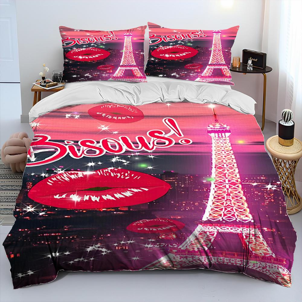 France Paris Eiffel Tower Comforter Bedding Set,Duvet Cover Bed Set Quilt Cover Pillowcase,King Queen Size Bedding Set Kid Adult
