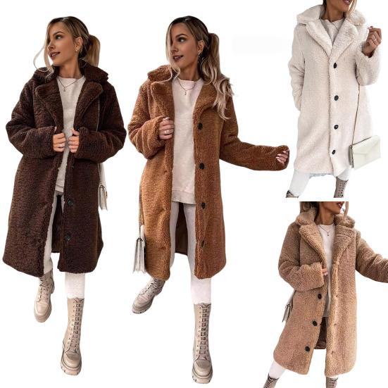 Зимняя женская куртка из толстого флиса с отложным воротником, длинными рукавами, застежкой на пуговицы, однотонная, средней длины, сохраняющая тепло