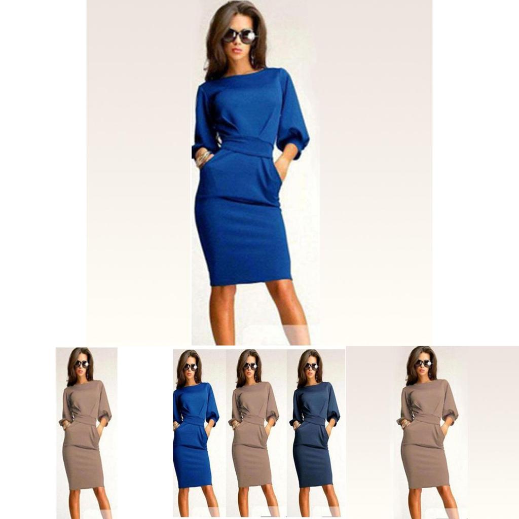 Elegant Women Fashion Sexy Fifth Sleeve Round Neck Pocket Bodycon Cocktail Dress