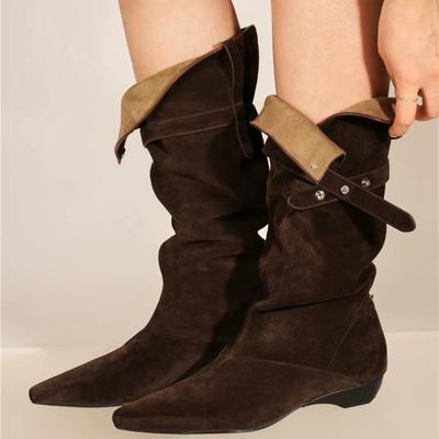 Корейская версия женских ковбойских сапог с острым носом и толстым каблуком, новая модная универсальная модель на осень и зиму 2025 года, сапоги-чулки средней длины с широким голенищем b