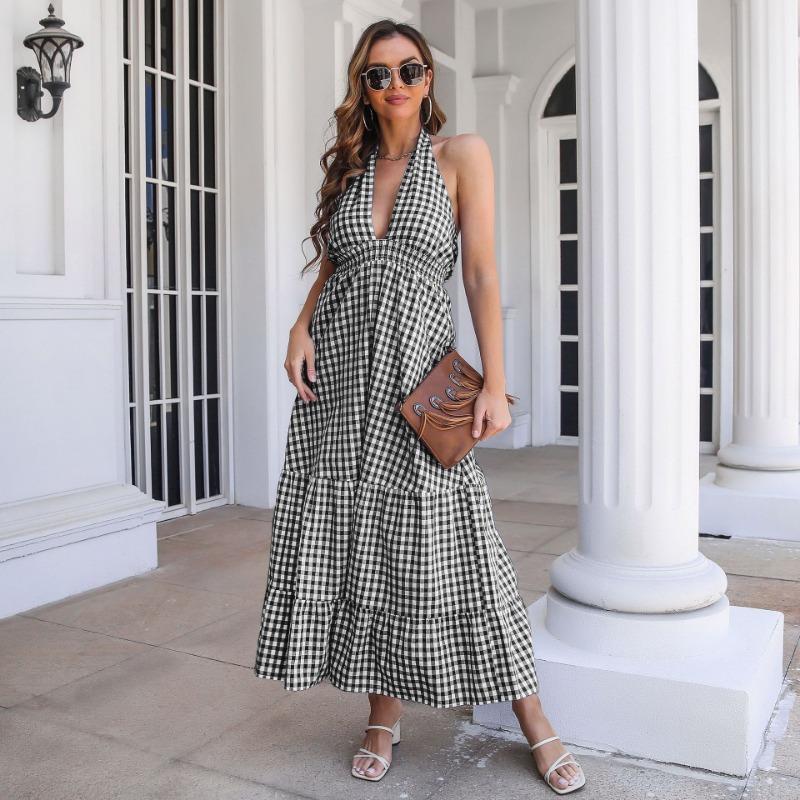 Summer Women's Lattice Hanging Neck Dress Bohemian Holiday Range Waist Ruffle Large Swing Long Dress