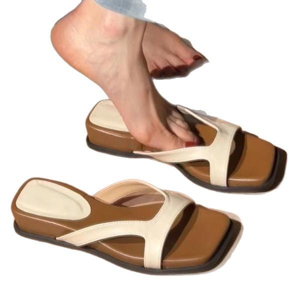 Версия из мягкой кожи~ Корейская версия простых шлепанцев на толстой подошве, женские ретро-повседневные шлепанцы на мягкой подошве с открытым носком, простые крутые шлепанцы