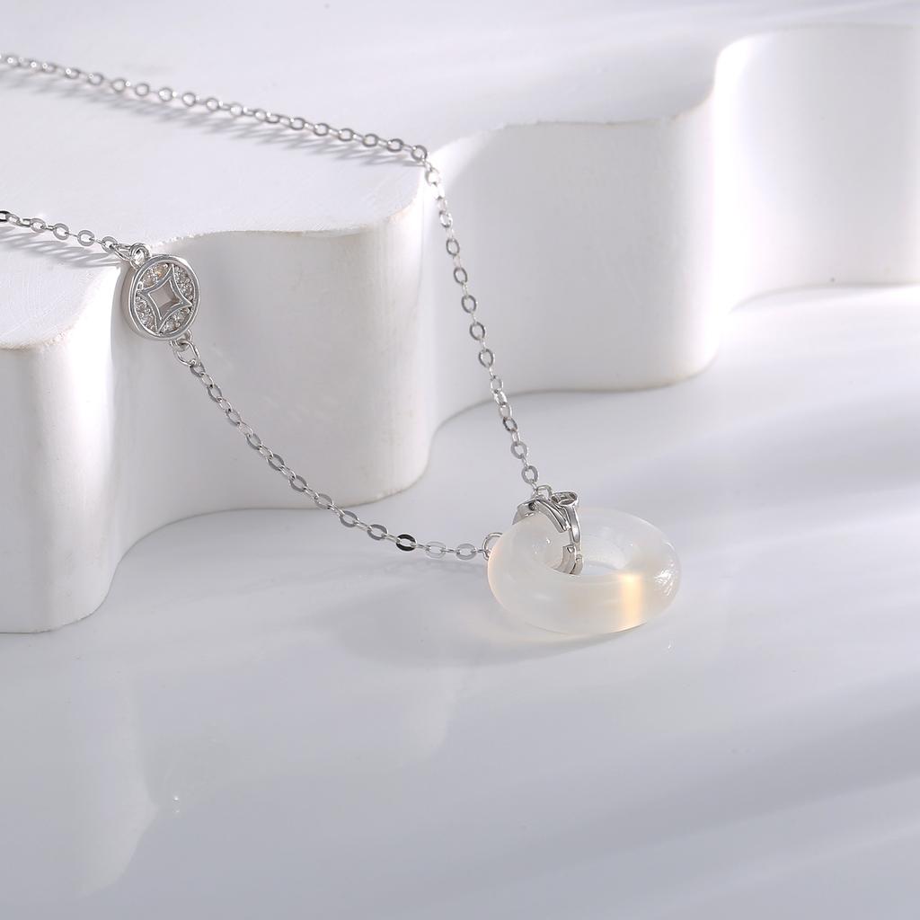 Серебряное ожерелье S925 с защитным кольцом белого халцедона, женская медная монета, гочао, этнический стиль, предохранительная пряжка, блокирующийся дворец, подвеска