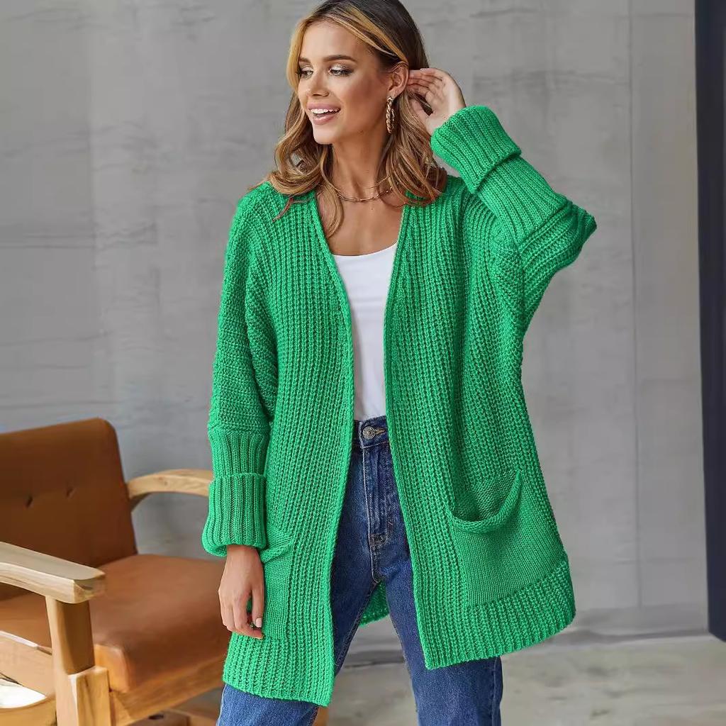 Женский повседневный вязаный кардиган большого размера с длинным рукавом и V-образным вырезом, свободный дышащий свитер средней длины с карманом, однотонное простое модное мягкое трикотажное пальто