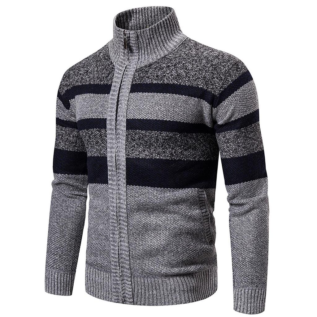 Men's Trendy Striped Long Sleeved Sweater Outdoor Stand Collar Sports Cardigan Sweater