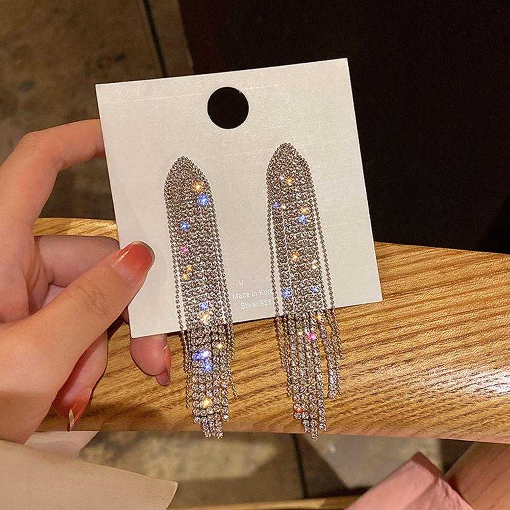 Bridal Wedding Rhinestone Earrings Drop Tassel Earrings Bling Dangle Long Tassel Rhinestone