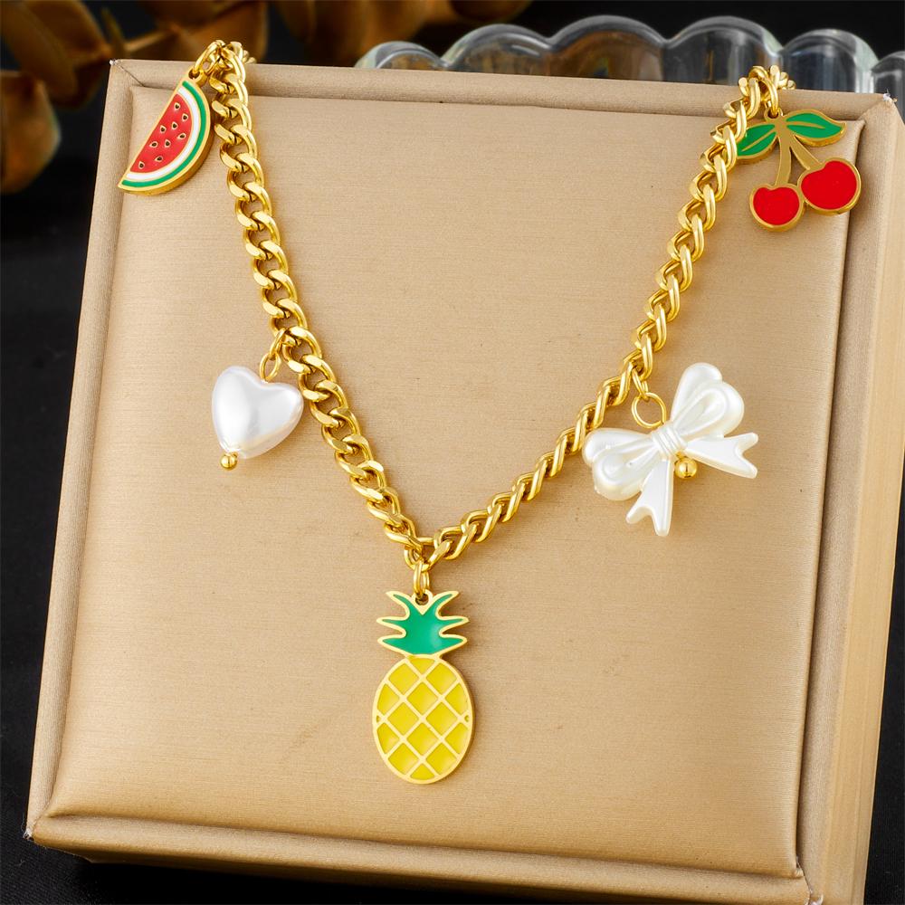 DIEYURO 316L Stainless Steell Cherry Strawberry Fruit Series Necklace For Women Lady New Fashion Neck Chain Jewelry Party Gift