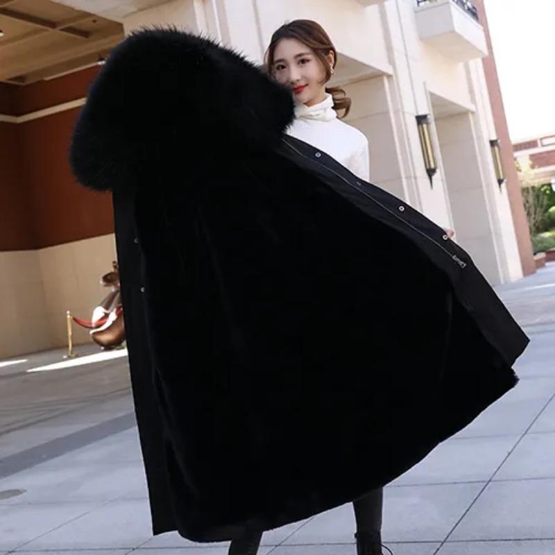 Removable Fox Fur Lining Mid-length Fur Coat Female Thick Warm Knee-high Fur Coats Autumn and Winter Hooded Parka with Waist Drawstring
