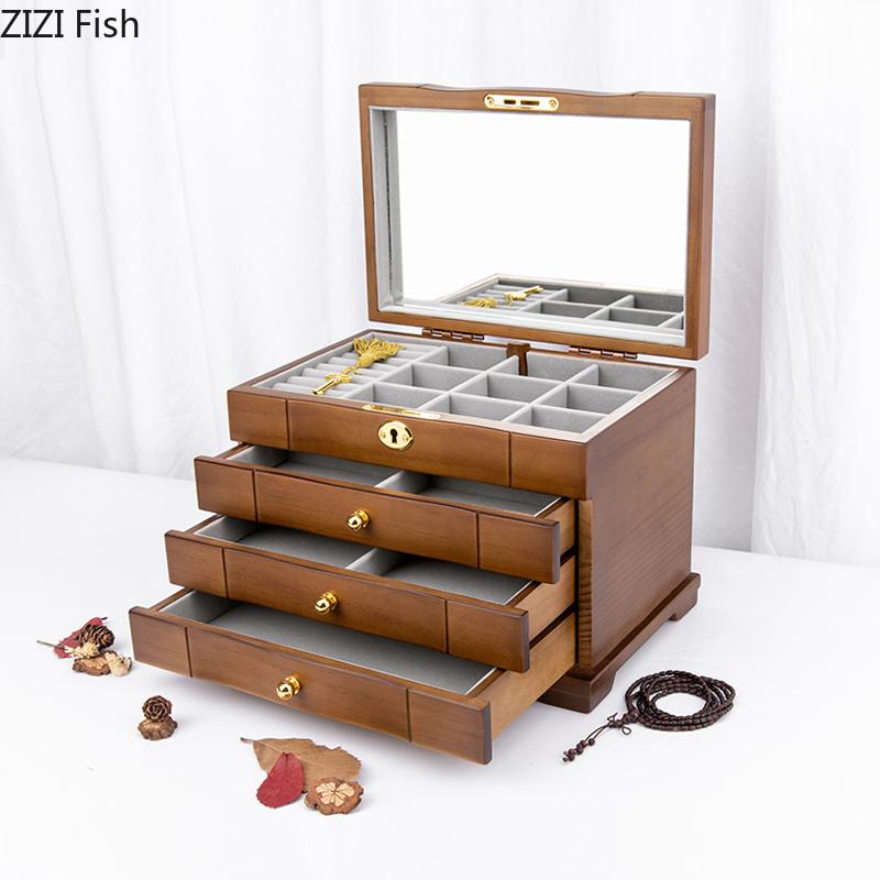 Шкатулка для ювелирных изделий из цельного дерева в китайском стиле, замок, серьги, ожерелье, часы, коробка для хранения, свадебный подарок, простая домашняя многослойная коробка для хранения