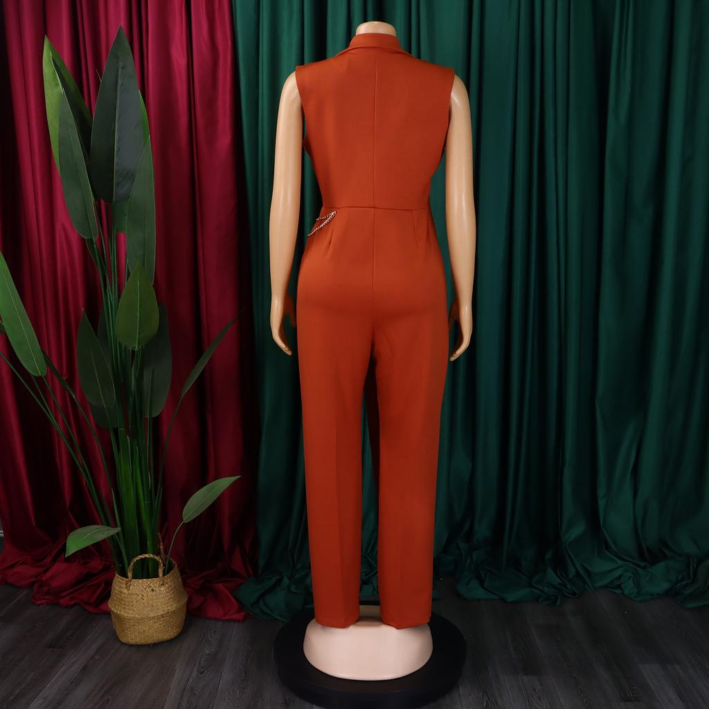 Женский элегантный и элегантный костюм с воротником на талии и цепочкой, свободный комбинезон с широкими штанинами