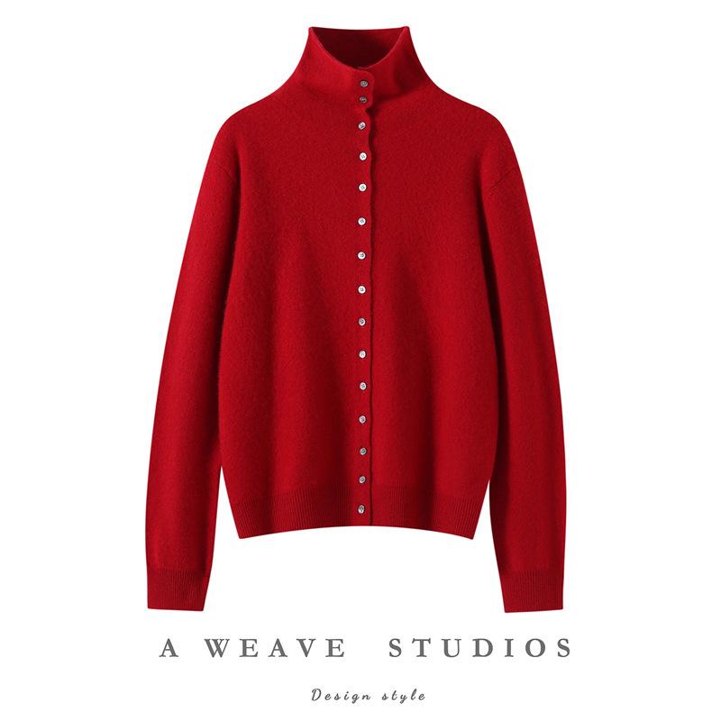 Women's High-Neck Cashmere Knit Cardigan - Solid Color, Single-Breasted, Loose Fit, Slimming Winter Coat