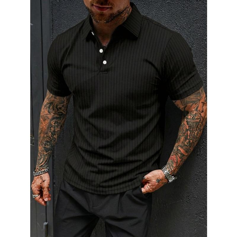 Men Summer Casual Sports Breathable Elastic Vertical Stripe Short Sleeve Polo Shirt