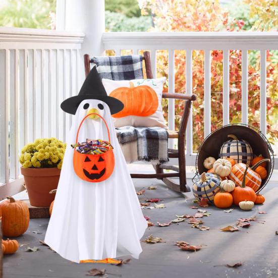 Костюм Призрачного Гуся Хэллоуин Одежда для Гуся на Крыльцо со Шляпой Ведьмы и Ведром-Тыквой для 23" Статуи Гуся Наружное Украшение для Патио Двора Газона