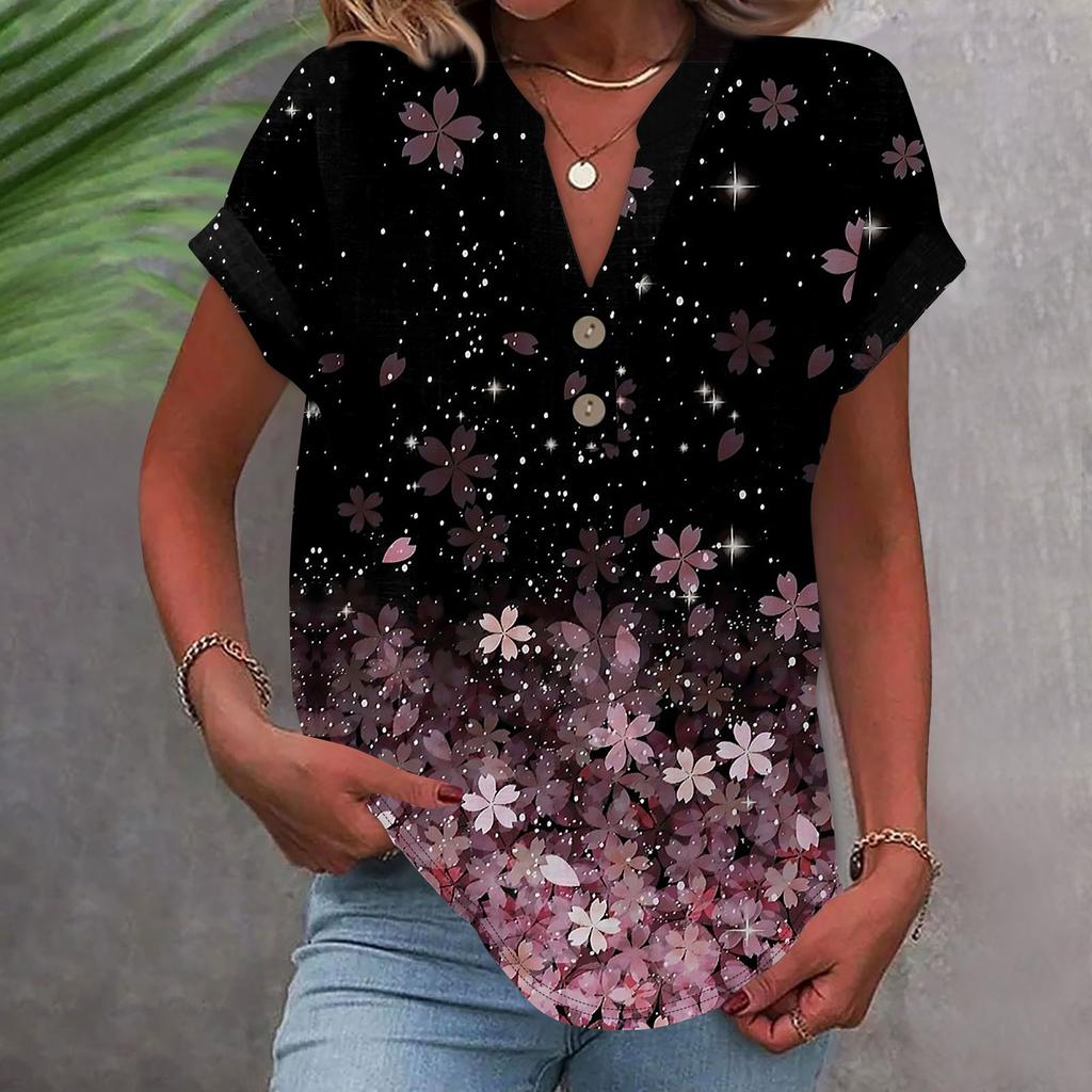 Женская модная повседневная рубашка с v-образным вырезом и коротким рукавом с принтом, футболка на пуговицах, топ