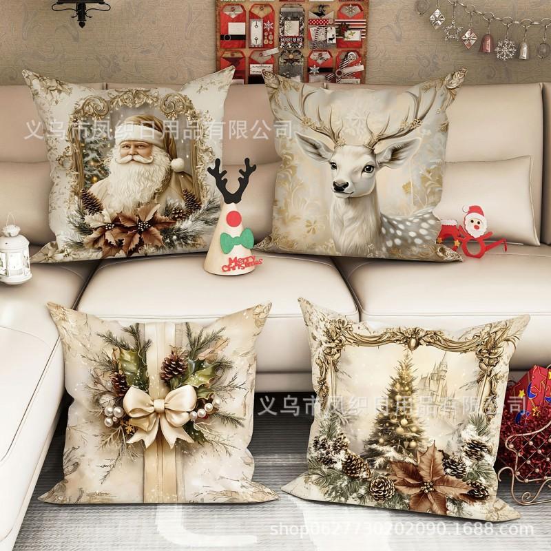 Christmas Pillow Cover Santa Claus Cartoon Cotton Linen Printed Decorative Throw Cushion Case 45x45cm