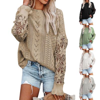 Женские кружевные вязаные крючком ажурные свитера, однотонные пуловеры с круглым вырезом и длинными рукавами, свитера, топы