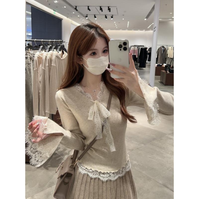 Сладкое и пикантное кружево на шее, вязаная базовая рубашка, женская весенняя приталенная внутренняя майка, темпераментный универсальный свитер