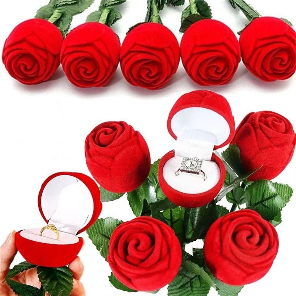 Red Velvet Rose Ring Box Simulation Flower with Leaves Valentine's Day Rose Ring Gimmick Romantic Rose to Ring Box