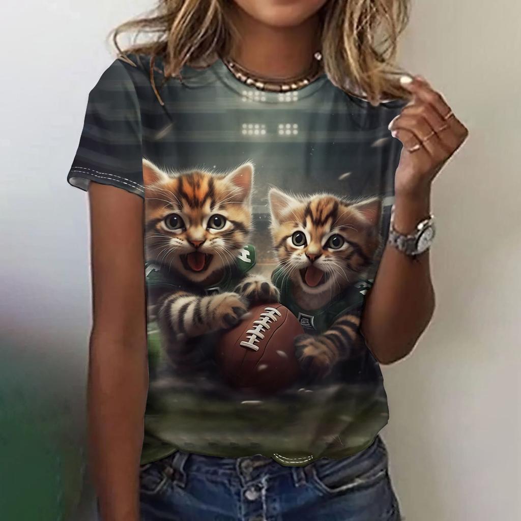 Fun Animal Pattern Women's T-shirt Cat Print Casual Short Sleeved Top