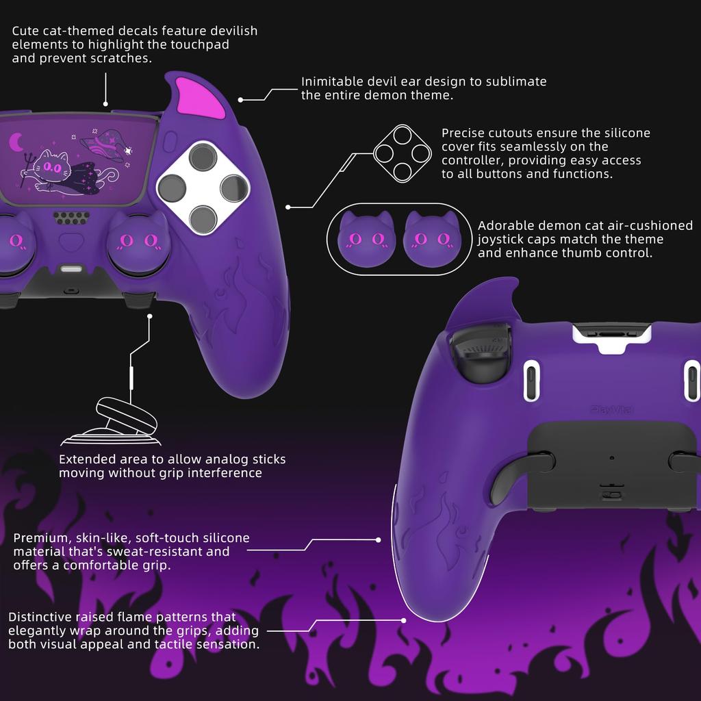 PlayVital Silicone Cover for PS5 Edge Cute Devil Protective Case for Includes Touchpad Sticker Stick Purple Controller, Design, Edge, & Cover,