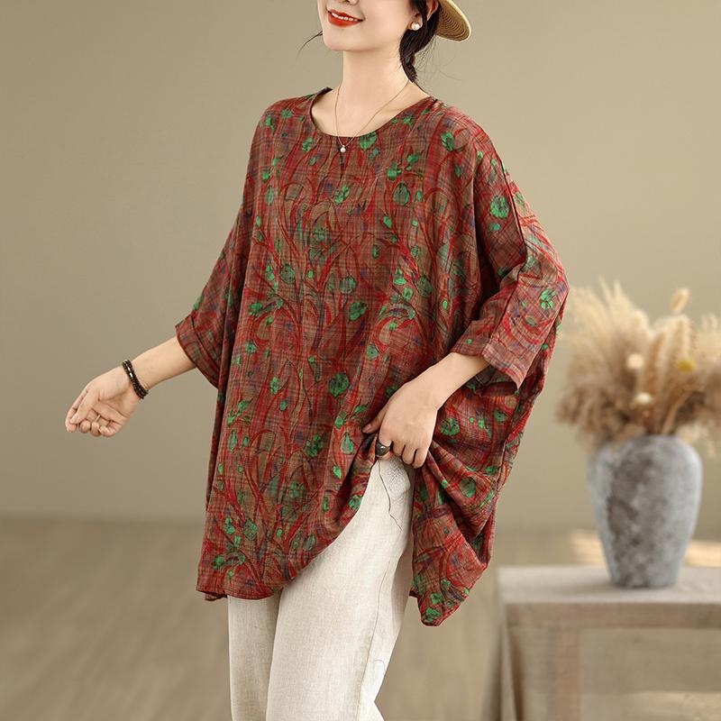 DIMANAF 2025 Летняя футболка больших размеров для женщин с цветочным принтом и рукавами «летучая мышь», свободные топы, повседневные