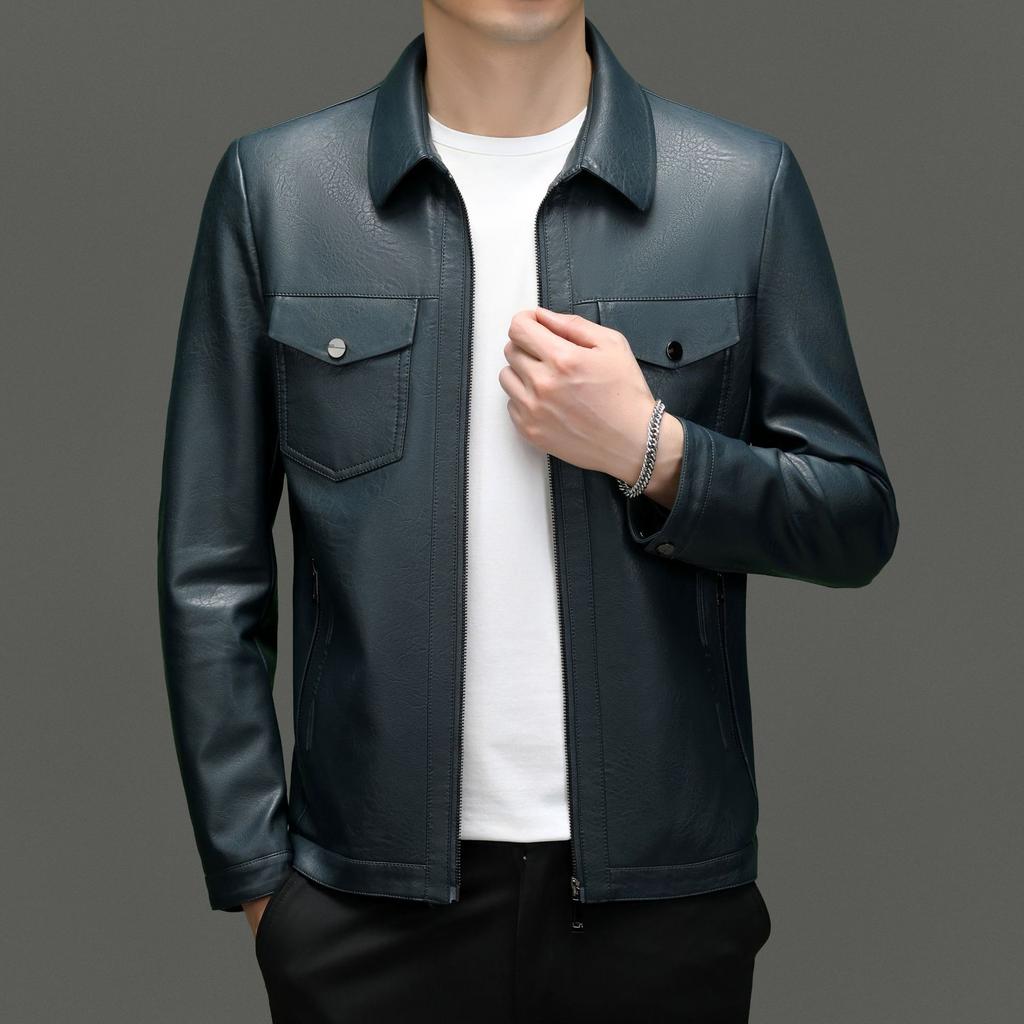 Осенне-зимняя новая одежда из натуральной кожи, мужская приталенная куртка с короткими лацканами, мужская приталенная кожаная куртка среднего возраста, пальто из натуральной кожи