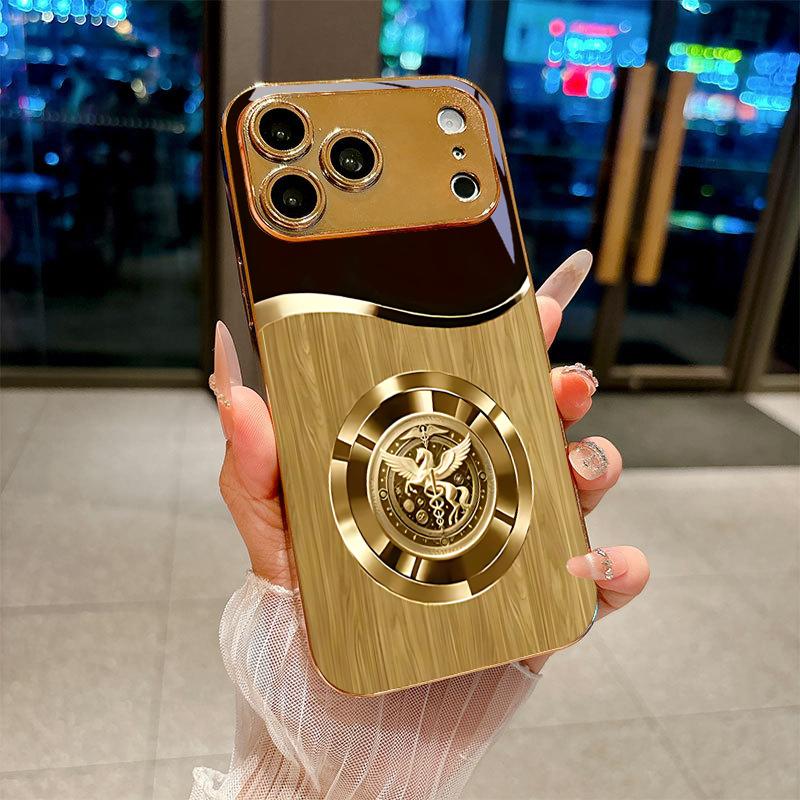 Золотой Чехол-Медальон Пегас с Электролитическим Покрытием для iPhone 18 17Air 17 16 15 14 13 12 11 Pro Max Plus 16E XR 7 8 X Стеклянная Крышка