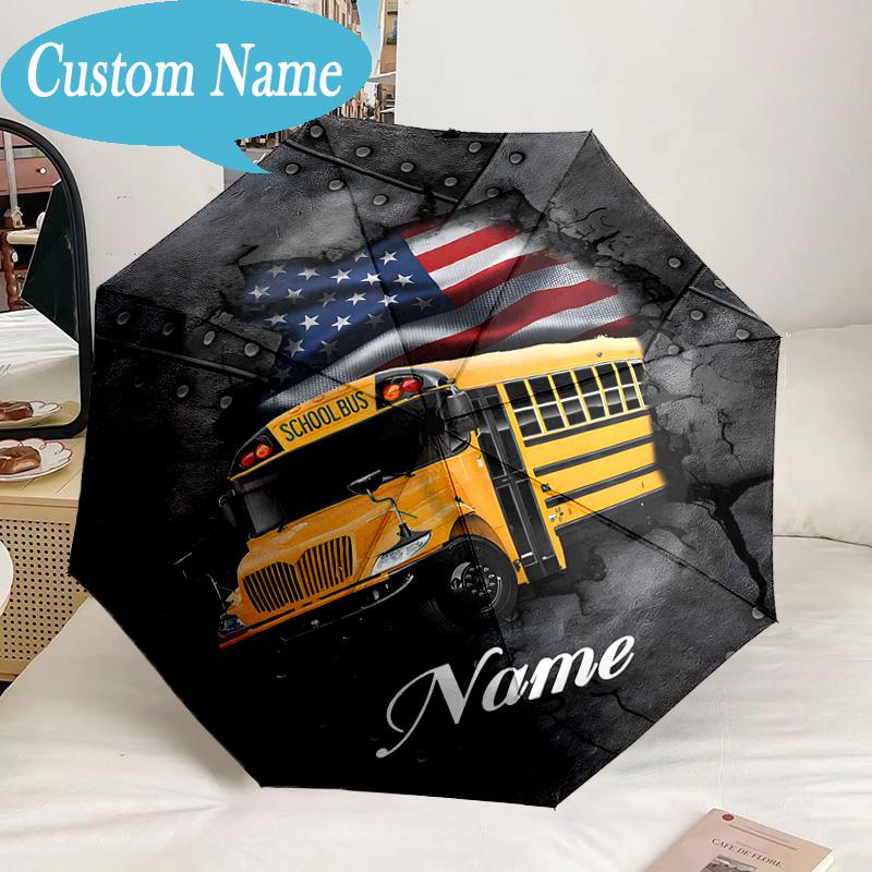 Custom Name Umbrella School Bus Adventure Umbrella 8-Frame for Travel, Camping, Casual Lightweight Portable, Essential for Family Gifts