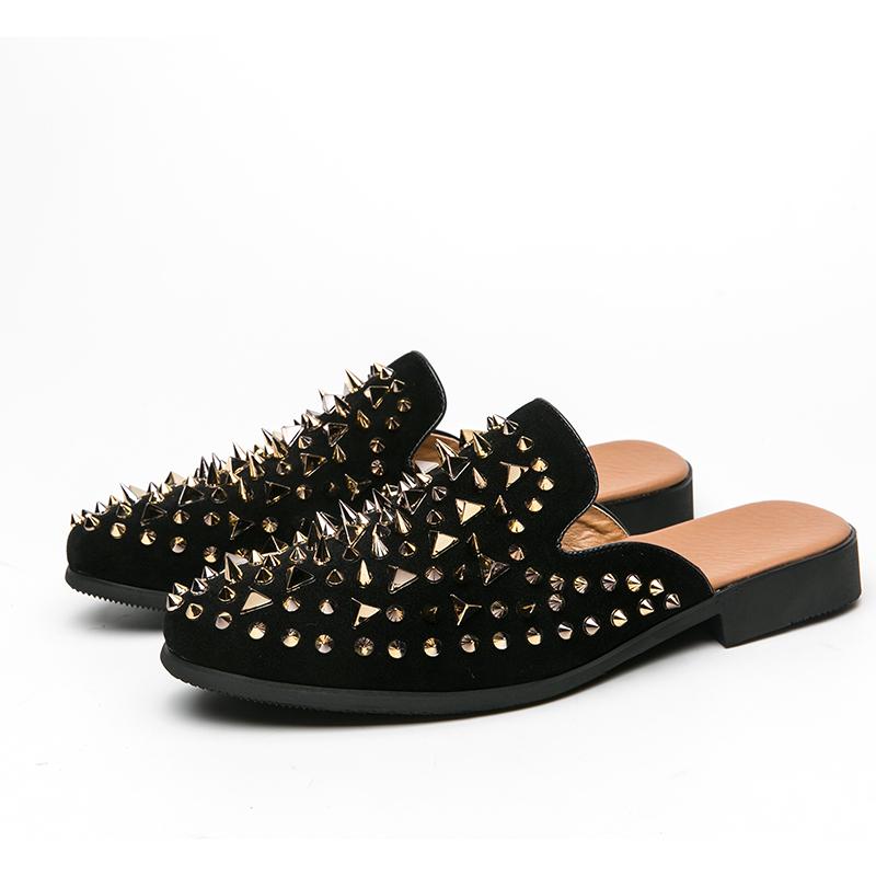 Новые мужские полушлепанцы-лоферы с шипами и заклепками, мужские повседневные мюли из лакированной кожи, мокасины, дышащие слипоны для вождения