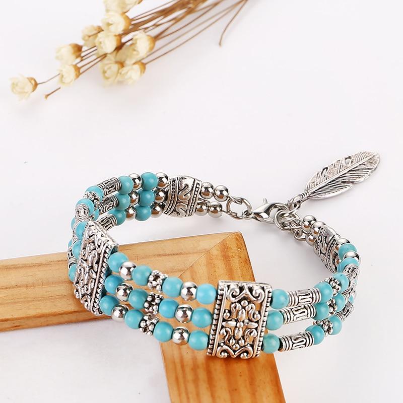 Bohemian Vintage Natural Stone Turquoises Feather Charm Bracelet For Women National Handmade Round Beads Carved Boho Bracelet