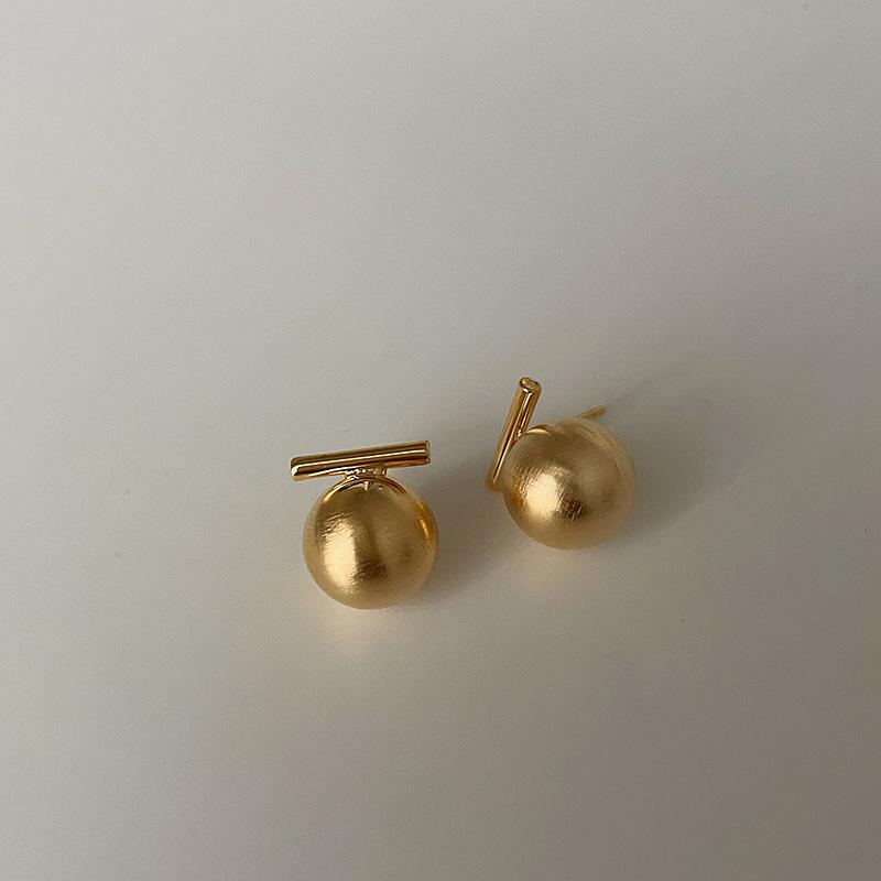 One-Word Brushed Round Metal Ball Stud Earrings Female Niche Simple Personality Fashion Temperament Elegant Versatile Earrings Earrings