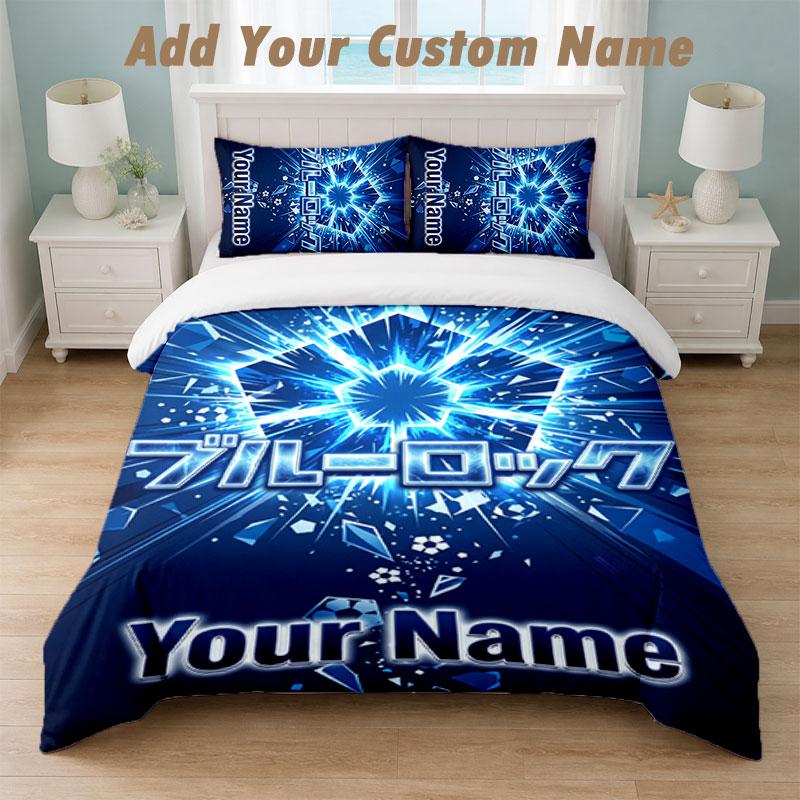 Bedding Set 1 Duvet Cover 2 Pillowcases Blue Lock Print Soft Bed Linen Bedroom Decor