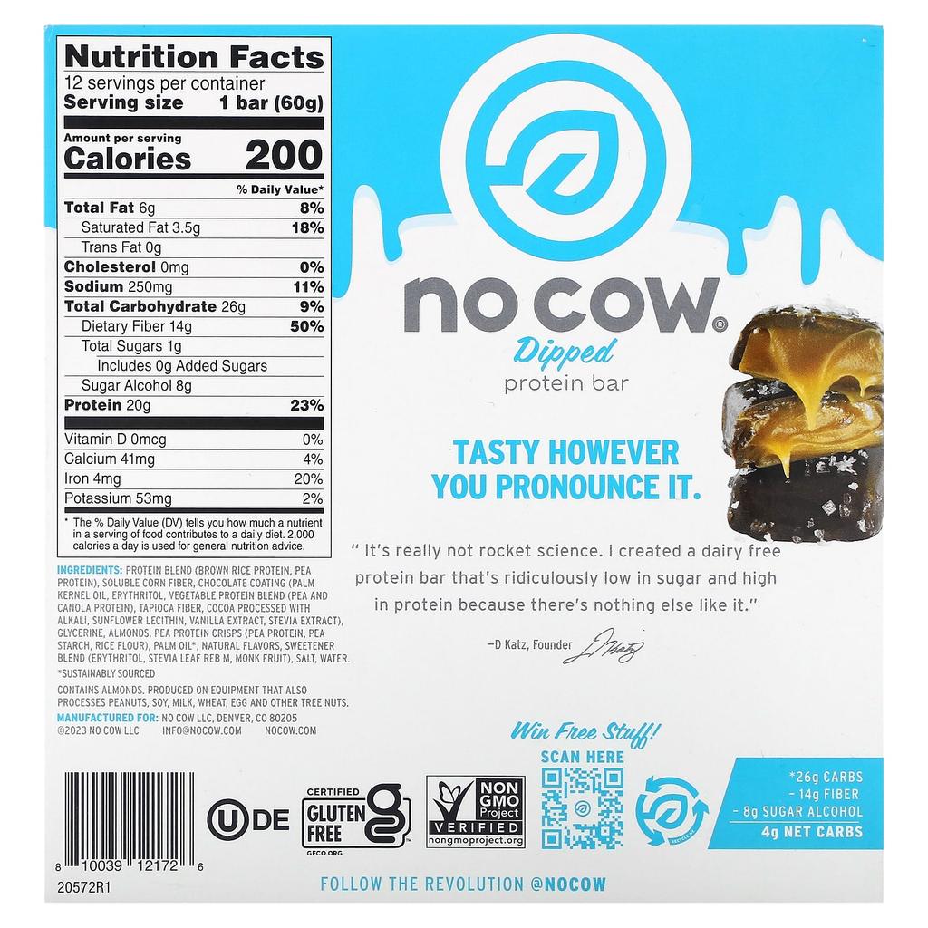 No Cow Dipped Protein Bar, Chocolate Salted Caramel, 12 Bars, 60 G (2.12 Oz) Each
