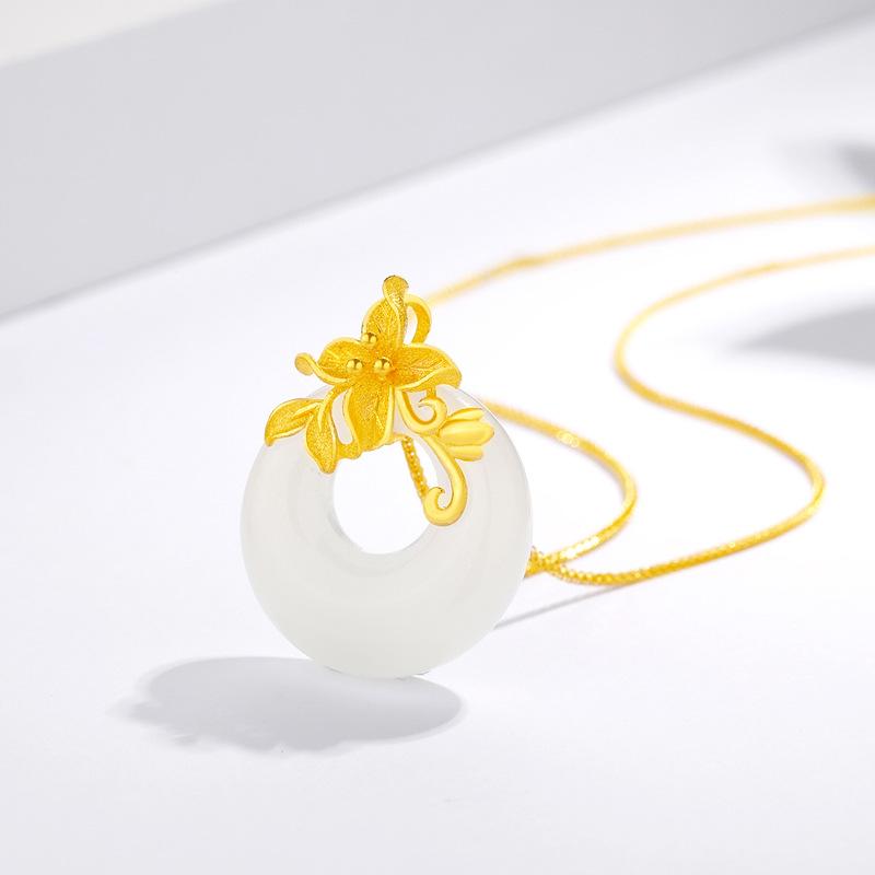 Flower Safety Buckle Necklace Women's Summer Simple Pendant Design Sense Niche Flower Branches Hetian Jade Collarbone Chain