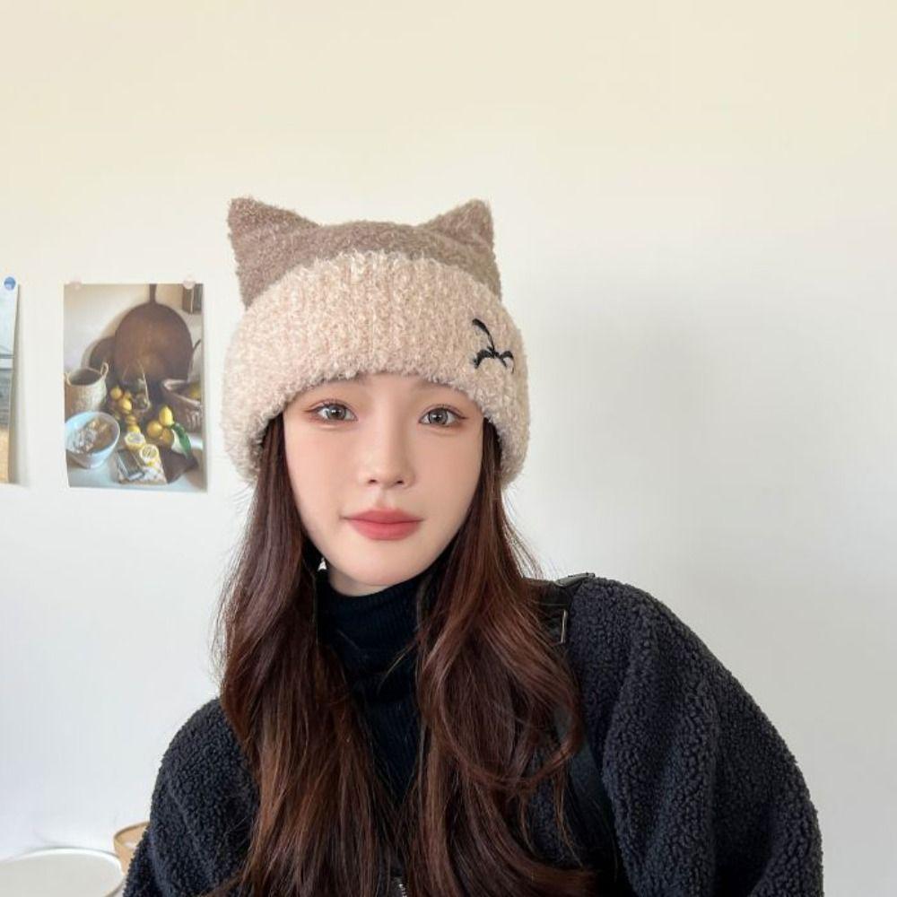 Embroidery Cat Ears Hat Bow Winter Knitted Hat Personality Knitted Beanie Hat  Winter/Autumn