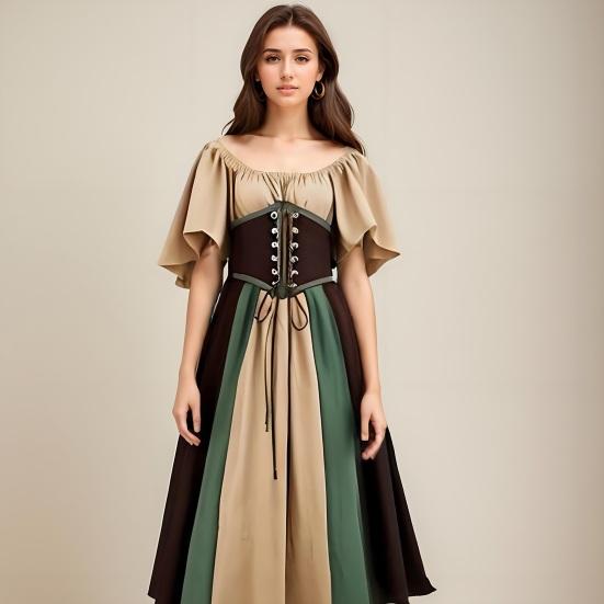 Женское платье Vinatge с рукавами-крылышками, контрастного цвета, А-силуэта, с широким подолом, тонкой талией, со складками, на шнуровке, средневековый костюм для косплея на Хэллоуин