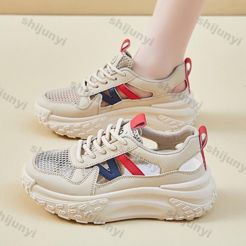 Women Platform Sneakers 2025 Summer New Hollow Breathable Height Increase Casual Shoes Comfortable Fashion Cross Tied Mesh Shoes