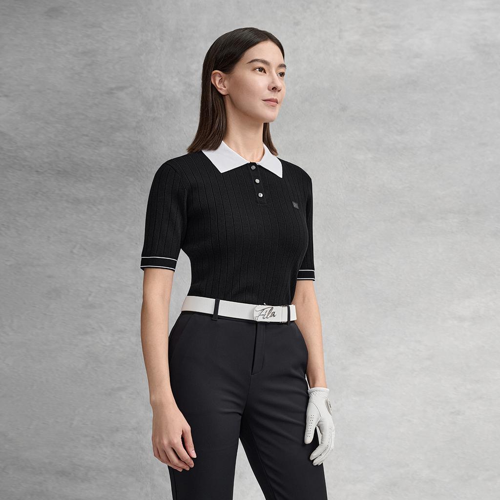Fila Серия Гольф Простая Мода Классический Спортивный Повседневный Гольф Универсальный Удобный Плетеная Рубашка-Поло с Коротким Рукавом Женские Топы Глубокий Черный A11W615408FBK