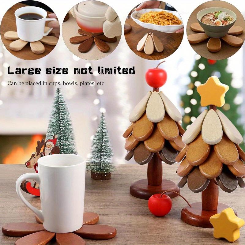 1/2set Wooden Christmas Tree Coaster Heat-Resistant Pad Set Multi-functional Table Mats for Home Kitchen Dining Holiday Decor