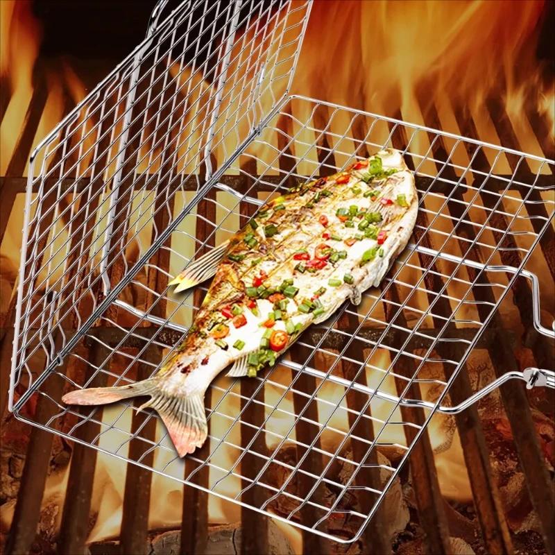 Foldable BBQ Basket Kamado Bbq Accessories Portable Dog Sling Water Gun Stainless Steel Removable Handle Steak Grill Barbecue