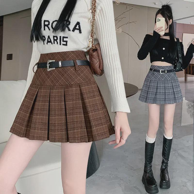 Korean Plaid Woolen Pleated Skirt: Autumn/Winter High-Waist College Style