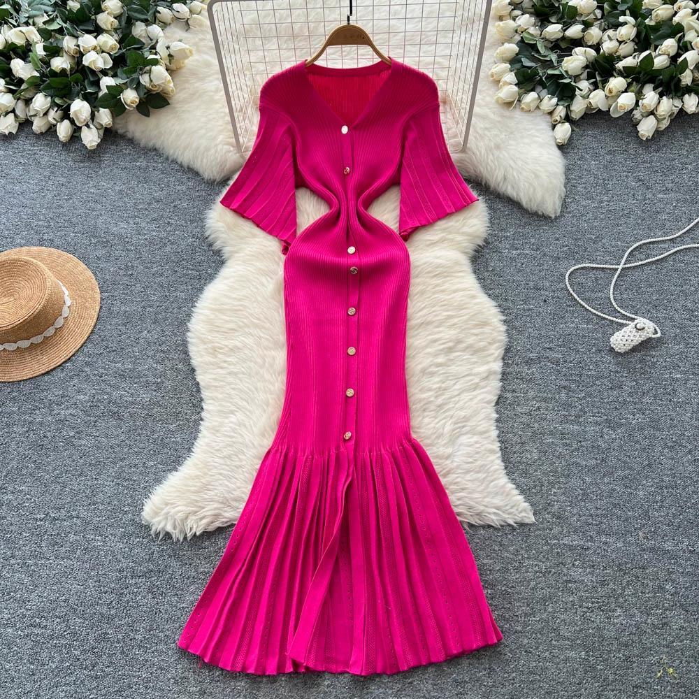 Летние женские элегантные платья-свитера облегающего кроя с V-образным вырезом и застежкой на одну пуговицу, длинные макси с юбкой «рыбий хвост»