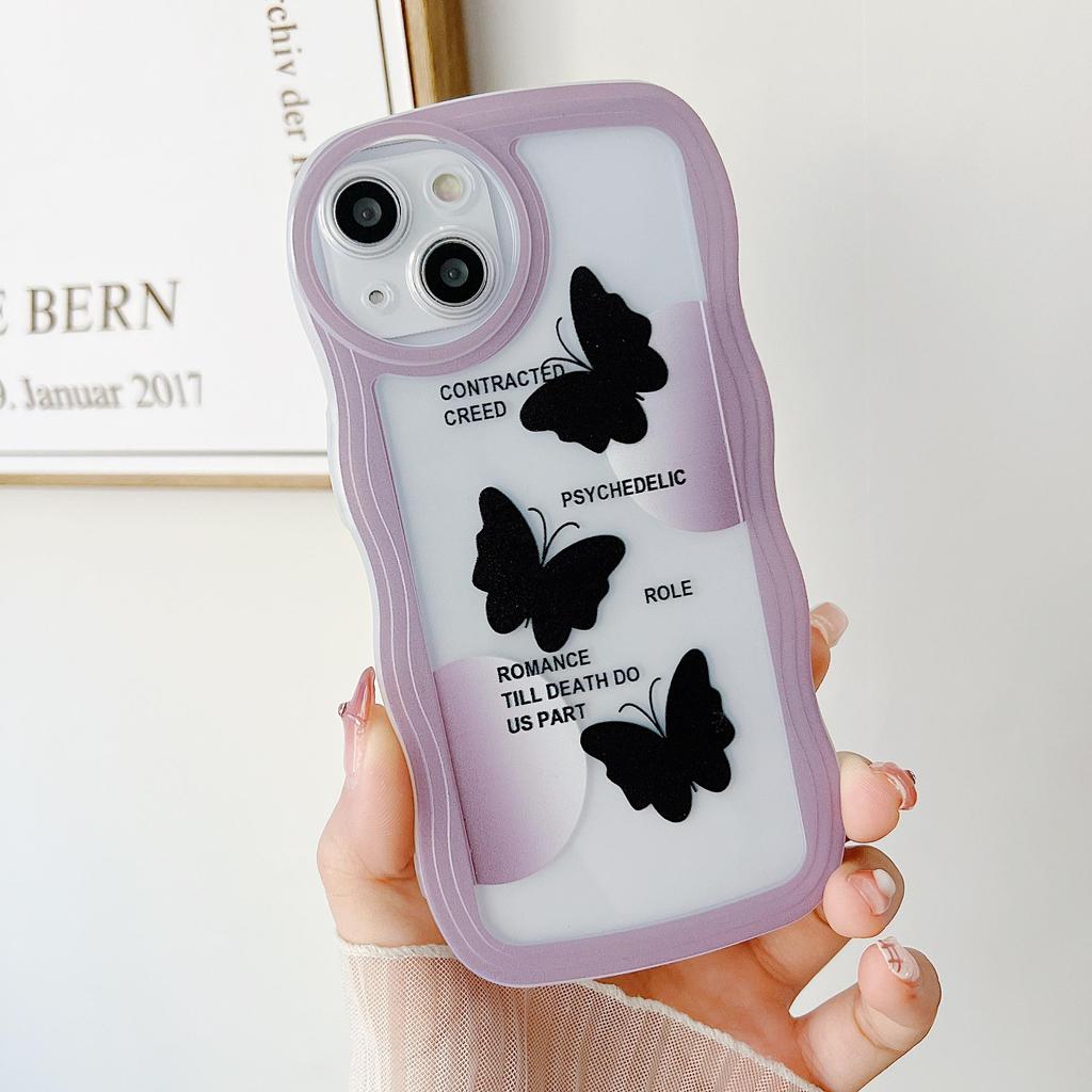 Transparent Wave Edge Painted Silicone Case for Xiaomi Redmi Note 10 11 12 iPhone 15 14 13 11 Samsung A54 A34 A24 Funda Black Colorful Butterfly Cover