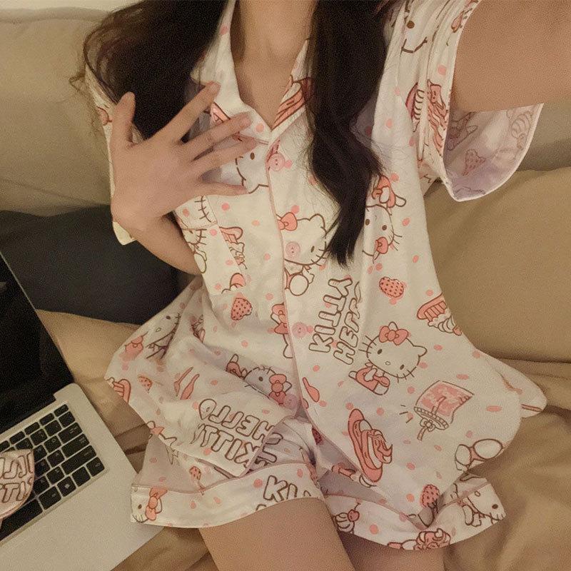 WeChat new short-sleeved pajamas women's summer lapel cute geometric loungewear Japanese and Korean popular shorts set